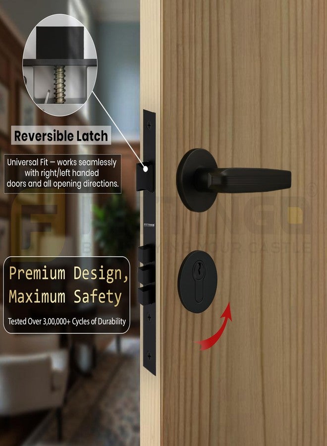 FITTINGO Lille Mortise Door Handle Lock Set/Premium Zinc Alloy Door Handle with Lock/Heavy-Duty Main Door Handle with Key Lock for Home, Office & Hotel Doors - 3 Years Warranty - Black Matt - Image 2
